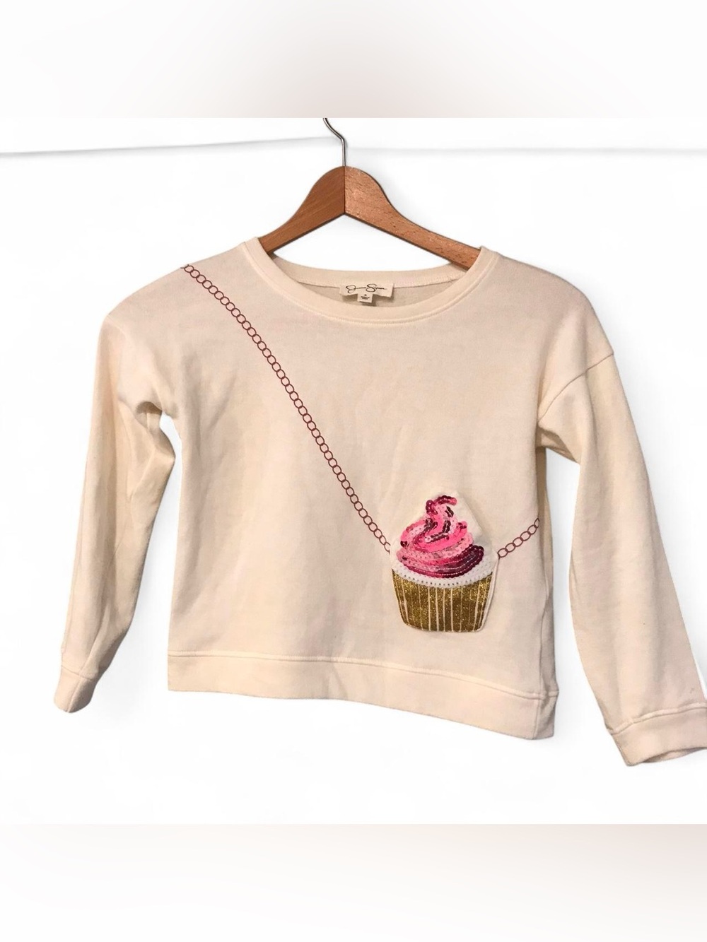 Jessica Simpson Junior's S Cream Sequin Cupcake Cropped 3/4 Sleeve Sweatshirt